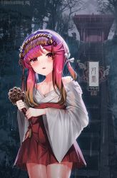 Rule 34 | 1girl, absurdres, alternate costume, bell, blush, character name, collarbone, cowboy shot, hakama, highres, japanese clothes, jingle bell, kagura suzu, kantai collection, long hair, long sleeves, open mouth, purple hair, rain, red hakama, shrine, solo, stairs, tsushima (kancolle), unidentified nk, wet, wet clothes, wide sleeves, yellow eyes
