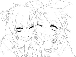 Rule 34 | 1boy, 1girl, brother and sister, cheek-to-cheek, coat, earmuffs, greyscale, grin, hair ornament, hair ribbon, hairclip, heads together, highres, kagamine len, kagamine rin, lineart, looking at viewer, monochrome, one eye closed, portrait, ribbon, sailor collar, sasakichi (ssk chi), short hair, siblings, smile, twins, vocaloid, wink