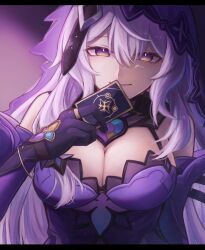 Rule 34 | 1girl, black swan (honkai: star rail), breasts, cleavage, commentary request, elbow gloves, gloves, highres, honkai: star rail, honkai (series), large breasts, letterboxed, long hair, looking at viewer, purple eyes, purple gloves, purple hair, smile, solo, toba (ymtb 06), upper body, veil, very long hair