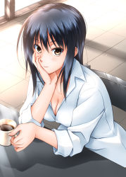 Rule 34 | 1girl, black hair, breasts, brown eyes, buttons, chair, cleavage, closed mouth, coffee mug, collarbone, collared shirt, commentary request, cup, day, desk, dress shirt, fingernails, hair between eyes, hand on own cheek, hand on own face, head rest, highres, holding, holding cup, indoors, long fingernails, long hair, looking at viewer, medium breasts, mug, no bra, original, shirt, sidelocks, sitting, sleeves rolled up, solo, sumeragi tomo, tile floor, tiles, white shirt