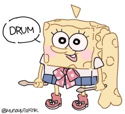 Rule 34 | ahoge, blush, bocchi the rock!, cosplay, detached ahoge, drumsticks, english text, holding, holding drumsticks, ijichi nijika, ijichi nijika (cosplay), nickelodeon, open mouth, polka dot bowtie, shirt, simple background, smile, solo, sponge, spongebob squarepants, spongebob squarepants (series), toon (style), white background, yunayuispink