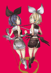 Rule 34 | 2girls, alternate color, alternate hair color, animal collar, aqua eyes, ass, back, bare shoulders, bdsm, belt, black wings, blonde hair, bondage, bound, bow, breasts, chain, collar, corset, dark persona, detached sleeves, dual persona, foreshortening, frown, full body, hair bow, hair ornament, hairclip, half-closed eyes, headphones, headset, interlocked fingers, inverted colors, kagamine rin, leg warmers, looking at viewer, looking back, low wings, magenta background, mini wings, mirror twins, multiple girls, open mouth, perspective, pocket, purple hair, red background, red eyes, sailor collar, sawashi (ur-sawasi), short hair, shorts, sideboob, small breasts, vocaloid, white wings, wings
