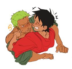 Rule 34 | 2boys, black eyes, black hair, blush, cheek pull, couple, cropped torso, dark-skinned male, dark skin, facial scar, green hair, highres, looking at another, male focus, monkey d. luffy, multiple boys, one eye closed, one piece, phrysic, roronoa zoro, scar, scar across eye, scar on cheek, scar on face, short hair, sideburns, simple background, single off shoulder, smile, sweatdrop, white background, yaoi