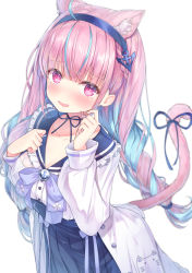 Rule 34 | 1girl, alternate costume, alternate hairstyle, anchor hair ornament, animal ears, blush, breasts, cat ears, cat tail, cleavage, collarbone, commentary request, hair ornament, headband, highres, hololive, jacket, kemonomimi mode, large breasts, long hair, looking at viewer, minato aqua, minato aqua (sailor), multicolored hair, purple eyes, ribbon, school uniform, simple background, solo, tail, topia, virtual youtuber, white background