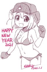 Rule 34 | 1girl, 2021, :d, bikini, blush, breasts, cowboy shot, dated, dog tags, dot nose, ebifly, fang, fur hat, gloves, halterneck, hand up, happy new year, hat, legs together, looking at viewer, medium breasts, monochrome, navel, new year, open mouth, original, side-tie bikini bottom, signature, simple background, smile, solo, standing, string bikini, swimsuit, ushanka, white background