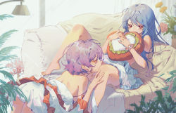 Rule 34 | 2girls, all fours, apron, arm support, bare shoulders, barefoot, between legs, blanket, bloom, blue hair, blurry, blurry background, blurry foreground, blush, bra strap, breasts, closed eyes, clothes down, couch, couple, covered mouth, covering own mouth, covering privates, curtains, depth of field, dot nose, facing to the side, flower, foot out of frame, frilled apron, frilled pillow, frills, from side, glass door, guozimiao, hand on another&#039;s leg, hands up, heart, heart-shaped pillow, highres, hinanawi tenshi, holding, holding pillow, hugging object, implied cunnilingus, indoors, knee up, lamp, large breasts, leaf, light particles, light purple hair, long hair, lying, multiple girls, muted color, nagae iku, no headwear, on back, on couch, panties, pantyshot, pillow, pillow hug, pink flower, pink rose, plant, plantar flexion, profile, purple hair, red eyes, rose, scrunchie, shadow, short hair, sideboob, spread legs, strap slip, swept bangs, toes, touhou, u u, underwear, vase, waist apron, white apron, white panties, white scrunchie, wrist scrunchie, yellow flower, yellow rose, yuri