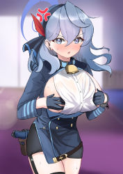 Rule 34 | 1girl, absurdres, ako (blue archive), anger vein, black gloves, black thighhighs, blue archive, blue eyes, blue hair, blush, breasts, buttons, double-breasted, earrings, garter straps, gloves, gun, hair between eyes, hairband, handgun, highres, holster, holstered, jewelry, large breasts, long hair, looking at viewer, mochini, open mouth, sideboob, solo, sweat, thighhighs, weapon