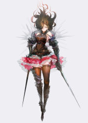 Rule 34 | 1girl, absurdres, aqua eyes, armor, armored boots, asymmetrical legwear, bamuth, bare shoulders, belt, boots, breasts, brown eyes, brown thighhighs, covered navel, dress, dual wielding, eyelashes, floating hair, frilled skirt, frills, full body, garter straps, gauntlets, green eyes, hair over one eye, highres, holding, holding sword, holding weapon, knee boots, lips, long hair, looking at viewer, mole, mole under eye, multicolored hair, nose, original, parted lips, pink skirt, red hair, simple background, skirt, sleeveless, sleeveless dress, solo, spikes, strap, sword, thigh boots, thighhighs, two-tone hair, uneven legwear, weapon