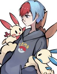 Rule 34 | 1girl, :d, black eyes, blue hair, closed mouth, creatures (company), eevee, frown, fuxiang, game freak, gen 1 pokemon, gen 3 pokemon, glasses, grey eyes, grey hoodie, hands in pockets, highres, hood, hood down, hoodie, light blue hair, long sleeves, looking at another, minun, multicolored hair, nintendo, open mouth, penny (pokemon), plusle, poke ball print, pokemon, pokemon (creature), pokemon sv, red hair, round eyewear, short hair, sideways mouth, simple background, smile, solid oval eyes, two-tone hair, very short hair, white background