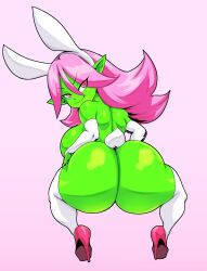 Rule 34 | 1girl, animal ears, ass, breasts, chinese zodiac, colored skin, elbow gloves, female goblin, gloves, goblin, green skin, high heels, highres, huge ass, huge breasts, large breasts, long hair, looking at viewer, looking back, monster girl, pink hair, pointy ears, rabbit ears, rabbit tail, shortstack, smile, solo, squatting, thecon, thighhighs, white gloves, white thighhighs, year of the rabbit, yellow eyes