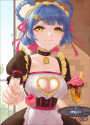 Rule 34 | 1girl, alternate breast size, alternate costume, apron, blue hair, breasts, choker, cleavage cutout, clothing cutout, collarbone, enmaided, food, genshin impact, hair ribbon, hair rings, highres, ice cream, incoming food, looking at viewer, maid, maid apron, maid headdress, medium breasts, ribbon, short hair, signature, slinly, smile, solo, spoon, sundae, tray, xiangling (genshin impact), yellow eyes