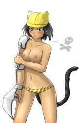Rule 34 | animal ears, black hair, blush, breasts, caterpillar (company), construction, green eyes, hard hat, helmet, highres, mascot, panties, personification, tail, topless, underwear