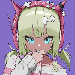 Rule 34 | 1girl, blonde hair, blue eyes, blunt bangs, cable, covering own mouth, double-parted bangs, facing viewer, fake horns, gift art, hand over own mouth, hand up, headphones, headset, highres, holding, holding cable, horned headwear, horns, hyow, jewelry, light smile, long sleeves, looking at viewer, low-tied sidelocks, low twintails, medium hair, multicolored clothes, multicolored sweater, off-shoulder sweater, off shoulder, original, parted lips, pink headphones, pink sweater, portrait, purple background, ring, ringed eyes, sharp teeth, simple background, skull ornament, sleeve cuffs, solo, straight-on, striped clothes, striped sweater, sweater, teeth, twintails, white sweater