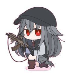 Rule 34 | 1girl, banned artist, black gloves, black hat, black jacket, blush stickers, boots, brown footwear, character request, chibi, colored shadow, commentary request, flat cap, from side, full body, girls&#039; frontline, gloves, grey hair, grey shorts, gun, hair between eyes, hat, holding, holding gun, holding weapon, inunoko., jacket, knee boots, kneehighs, long sleeves, on one knee, outline, pink outline, red eyes, shadow, short shorts, shorts, simple background, sleeveless, sleeveless jacket, socks, solo, trigger discipline, weapon, weapon request, white background
