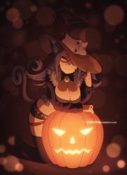 Rule 34 | 00s, 1girl, animal ears, blair (soul eater), breasts, cat, cat ears, cat tail, cleavage, cleavage cutout, clothing cutout, dav-19, hat, jack-o&#039;-lantern, kneeling, large breasts, pumpkin, purple hair, short shorts, shorts, solo, soul eater, tail, witch hat