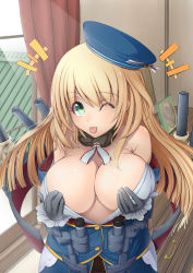 Rule 34 | +++, 10s, 1girl, ^^^, atago (kancolle), bare shoulders, blonde hair, breasts, cannon, cleavage, covering privates, covering nipples, frills, fur trim, gloves, green eyes, hat, highres, kantai collection, large breasts, long hair, military, military hat, military uniform, one eye closed, pantyhose, personification, solo, tongue, turret, uniform, urigarasu, weapon, wink