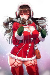 Rule 34 | 1girl, bag, black hair, blush, breasts, cellphone, cleavage, cleavage cutout, clothing cutout, cowboy shot, dress, closed eyes, handbag, hat, headphones, highres, holding, holding phone, large breasts, long hair, mittens, obaoba (monkeyix), original, phone, red thighhighs, santa costume, scarf, short dress, simple background, skindentation, smartphone, snowing, solo, thighhighs, zettai ryouiki