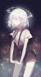 Rule 34 | 1other, androgynous, black necktie, commentary, crystal hair, diamond (houseki no kuni), elbow gloves, english commentary, gem uniform (houseki no kuni), gloves, halo, houseki no kuni, looking at viewer, multicolored eyes, multicolored hair, necktie, own hands together, rainbow hair, saphira033, shirt, short hair, short sleeves, shorts, smile, solo, sparkle, thighhighs, white gloves, white thighhighs