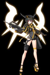 Rule 34 | 1girl, assault rifle, belt, beret, black gloves, black hair, black hat, black jacket, black leotard, breasts, bullpup, cleavage, fate/grand order, fate (series), full body, gloves, gun, hat, head wings, highleg, highleg leotard, highres, holster, hood, hooded jacket, jacket, large breasts, leotard, long sleeves, looking at viewer, official art, open clothes, open jacket, open mouth, ortlinde (fate), ortlinde (swimsuit assassin) (fate), p90, personal defense weapon, red eyes, rifle, short hair, solo, submachine gun, suppressor, takeuchi takashi, thigh strap, thighs, valkyrie (fate), weapon, wings