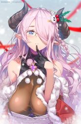 Rule 34 | 1girl, artist name, black gloves, blue eyes, breasts, cleavage, curled horns, draph, fingerless gloves, glasses, gloves, granblue fantasy, hair over one eye, hong (white spider), horns, large breasts, looking at viewer, narmaya (granblue fantasy), narmaya (holiday) (granblue fantasy), patreon username, pink hair, pointy ears, solo