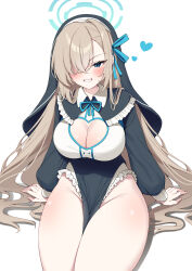 Rule 34 | 1girl, alternate costume, arm support, asuna (blue archive), blue archive, blue eyes, blush, breasts, cleavage, cleavage cutout, clothing cutout, commentary, frills, grin, groin, habit, hair over one eye, halo, heart, highres, large breasts, light brown hair, looking at viewer, metaljelly, mole, mole on breast, nun, one eye covered, pelvic curtain, seiza, simple background, sitting, smile, solo, symbol-only commentary, tsurime, v-shaped eyebrows, white background