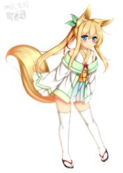 Rule 34 | 1girl, animal ears, artist name, blonde hair, blue eyes, blush, commentary request, dated, eyes visible through hair, fox ears, fox tail, full body, hair between eyes, hair ornament, hanami shione, highres, leaf hair ornament, leaning forward, long hair, looking at viewer, minaha (playjoe2005), original, sandals, simple background, sleeves past wrists, smile, solo, tail, thighhighs, twintails, white background, white thighhighs, wide sleeves
