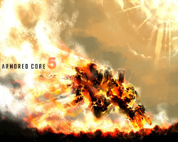 Rule 34 | armored core, armored core 5, fire, from software, mecha, no humans, outdoors, robot, sky, smoke, solo, sunlight