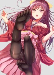 Rule 34 | 10s, 1girl, :o, artist name, bare shoulders, black pantyhose, blurry, blush, bow, collarbone, commentary request, feet, grey background, gurande (g-size), gusset, hair bow, hakama, hakama skirt, highres, hip vent, japanese clothes, kamikaze (kancolle), kantai collection, kimono, legs up, long hair, long sleeves, lying, meiji schoolgirl uniform, motion blur, no shoes, off shoulder, on back, open mouth, panties, panties under pantyhose, pantyhose, pantyshot, petals, pink bow, pink hakama, raised eyebrows, red eyes, red hair, red kimono, scan, skirt, soles, solo, straight hair, thighband pantyhose, toes, underwear, white background, wide sleeves, yellow bow