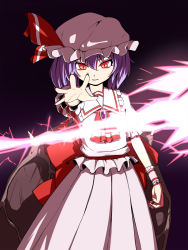 Rule 34 | 1girl, bad id, bad pixiv id, bat wings, brooch, fingernails, hat, hat ribbon, jewelry, looking at viewer, maguro (mawaru sushi), mob cap, outstretched hand, purple hair, red eyes, remilia scarlet, ribbon, sash, short hair, skirt, skirt set, slit pupils, solo, spear the gungnir, touhou, wings, wristband