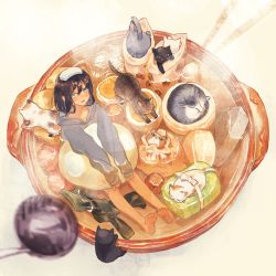 Rule 34 | 1girl, animal, barefoot, beige background, black cat, blue eyes, bob cut, cabbage, calico, cat, chopsticks, dumpling, egg (food), fish cake, food, food on head, from above, grey hoodie, hardboiled egg, highres, hood, hoodie, hotpot, in container, in food, konnyaku (food), ladle, long sleeves, meatball, mirin mosa, mushroom, nabe, noodles, object on head, oden, original, outstretched leg, partially submerged, pot, seaweed, short hair, simple background, sleeves past wrists, steam, white cat