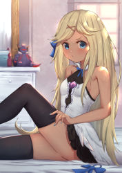 Rule 34 | 1girl, bare arms, bare shoulders, black thighhighs, blonde hair, blue bow, blue eyes, blue nails, blush, bow, breasts, closed mouth, commentary request, dark-skinned female, dark skin, dress, eyebrows hidden by hair, glint, granblue fantasy, hair bow, hair down, hair ornament, hairclip, highres, io (granblue fantasy), knee up, long hair, looking at viewer, mirror, nail polish, sitting, sleeveless, sleeveless dress, small breasts, solo, thighhighs, uneg, v-shaped eyebrows, very long hair, white dress, window, x hair ornament