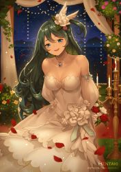Rule 34 | 1girl, :d, arms behind back, artist name, bare shoulders, blue eyes, breasts, candle, candlestand, cleavage, collarbone, commentary, detached sleeves, dragalia lost, dress, earrings, english commentary, falling star, fire, flower, green hair, hair between eyes, hair flower, hair ornament, head tilt, hentaki, highres, indoors, jewelry, long hair, long sleeves, looking at viewer, medium breasts, night, night sky, odetta (dragalia lost), one side up, open mouth, pendant, petals, pink flower, pink rose, puffy long sleeves, puffy sleeves, red flower, red rose, rose, sky, smile, solo, star (sky), starry sky, strapless, strapless dress, teeth, upper teeth only, very long hair, watermark, web address, wedding dress, white dress, white flower, white rose, white sleeves, yellow flower, yellow rose