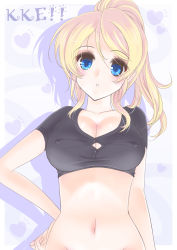 Rule 34 | 10s, 1girl, :o, ayase eli, blonde hair, blue eyes, bottomless, breasts, cleavage, crop top, covered erect nipples, frapowa, groin, hand on own hip, large breasts, long hair, looking at viewer, love live!, love live! school idol project, navel, ponytail, shirt, solo, taut clothes, taut shirt