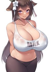 Rule 34 | 1girl, alternate costume, animal ears, arms behind back, azur lane, bare shoulders, black pants, breasts, brown hair, cleavage, closed mouth, clothes writing, collarbone, commentary, covered erect nipples, cow ears, cow girl, cow horns, cowboy shot, female focus, flower, hair flower, hair ornament, heart, heart-shaped pupils, heavy breathing, highres, horns, huge breasts, kashino (azur lane), kuavera, light smile, long hair, looking at viewer, navel, pants, raised eyebrows, simple background, solo, sports bra, sweat, symbol-shaped pupils, very long hair, white background, white flower, white sports bra, yoga pants