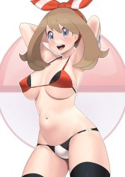 Rule 34 | 1girl, adapted costume, alternate breast size, arms behind head, bikini, black thighhighs, bow hairband, breasts, brown hair, commentary request, cowboy shot, creatures (company), eyelashes, game freak, grey eyes, hairband, highres, large breasts, long hair, may (pokemon), navel, nintendo, open mouth, outline, poke ball symbol, pokemon, pokemon oras, red hairband, smile, solo, swimsuit, teeth, thighhighs, tongue, upper teeth only, white background, xin lan deng