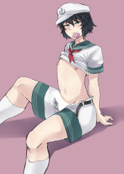 Rule 34 | 1boy, anchor print, belt, black belt, black hair, blank censor, censored, closed mouth, clothes lift, commentary request, condom, condom in mouth, condom wrapper, erection, feet out of frame, genderswap, genderswap (ftm), green eyes, hair between eyes, hat, highres, looking at viewer, male focus, mouth hold, murasa minamitsu, nicutoka, nipples, penis, red neckwear, sailor, sailor collar, sailor hat, shirt, shirt lift, short hair, short sleeves, shorts, smile, socks, solo, touhou, white hat, white shirt, white shorts, white socks