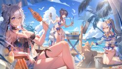 Rule 34 | 3girls, absurdres, animal ear fluff, animal ears, artist name, beach, blue shirt, blue sky, bow, breasts, bronya zaychik, bronya zaychik (herrscher of truth), bucket, can, cat ears, cleavage, cloud, commentary, crossed bangs, crossed legs, day, drill hair, drill ponytail, grey hair, grill, hair bow, hair ornament, halo, high ponytail, highres, holding, holding can, holding tongs, honkai (series), honkai impact 3rd, kiana kaslana, kiana kaslana (herrscher of finality), kneeling, large breasts, long hair, long sleeves, looking at viewer, midriff, multicolored hair, multiple girls, navel, official alternate costume, one-piece swimsuit, outdoors, palm tree, pleated skirt, purple hair, raiden mei, raiden mei (herrscher of origin), sand sculpture, shirt, sitting, skirt, sky, smile, sparkle, standing, starfish, streaked hair, swimsuit, thigh strap, tongs, tree, two-tone hair, water, white hair, yolanda