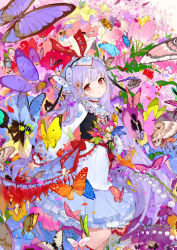 Rule 34 | 1girl, absurdres, bee, blush, bouquet, braid, bug, butterfly, dress, facial mark, flower, highres, insect, ladybug, light purple hair, long hair, long sleeves, looking at viewer, original, red eyes, solo, tonito, too many, twin braids, very long hair
