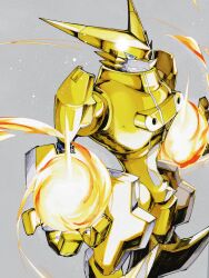 armor blue_eyes commentary_request cowboy_shot digimon digimon_(creature) fire gold_armor gold_skin grey_background highres looking_at_viewer omegashoutmon sharp_teeth smirk takeuchi_(a3) teeth