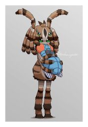 1girl arthropod_girl brown_hair colored_skin extra_arms extra_eyes full_body green_eyes grey_background grey_skin highres insect_girl monster_girl original solo spider_girl standing stuffed_animal stuffed_toy toipokun_oyashi