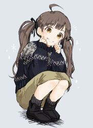 Rule 34 | 1girl, ahoge, ankle boots, black footwear, black ribbon, black sweater, blush, boots, bow, breasts, brown eyes, brown hair, cheek pull, dot nose, green skirt, grey background, grey socks, grin, hair bow, hair ribbon, hakozaki serika, hands up, highres, idolmaster, idolmaster million live!, idolmaster million live! theater days, long hair, long sleeves, looking at viewer, ribbon, simple background, skirt, sleeves past wrists, small breasts, smile, socks, solo, squatting, sweater, twintails, very long hair, wachiko