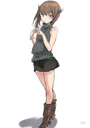 Rule 34 | 1girl, alternate costume, black skirt, boots, bracelet, brown eyes, brown footwear, brown hair, commentary request, fuji (pixiv24804665), grey sweater, headgear, highres, jewelry, kantai collection, miniskirt, short hair with long locks, simple background, skirt, sleeveless, sleeveless sweater, smile, solo, sweater, taihou (kancolle), turtleneck, white background