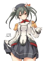 Rule 34 | 1girl, artist name, beret, breasts, buttons, cosplay, cowboy shot, dark green hair, dated, double-breasted, epaulettes, frilled sleeves, frills, gloves, green eyes, grey skirt, hair ribbon, hat, highres, jacket, kantai collection, kashima (kancolle), kashima (kancolle) (cosplay), long hair, military, military jacket, military uniform, miniskirt, neckerchief, owa (ishtail), pleated skirt, red neckerchief, ribbon, simple background, skirt, skirt hold, small breasts, solo, twintails, uniform, white background, white gloves, white jacket, white ribbon, zuikaku (kancolle)