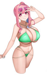 Rule 34 | 1girl, bikini, blue hair, breasts, cleavage, closed mouth, collarbone, commentary request, criss-cross halter, cropped legs, green bikini, groin, halterneck, high ponytail, highleg, highleg bikini, highres, hozuki kaede, huge breasts, jewelry, light blue hair, looking at viewer, multicolored hair, navel, necklace, o-ring, onii-chan wa oshimai!, pink eyes, pink hair, senju (snz0), simple background, smile, solo, stomach, swimsuit, thighs, two-tone hair, v, v over head, white background