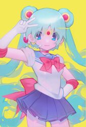 Rule 34 | 1girl, back bow, bishoujo senshi sailor moon, blue eyes, bow, bowtie, circlet, cosplay, cowboy shot, crescent, crescent earrings, double bun, earrings, hair bun, hair ornament, hand on own hip, hand up, hatsune miku, headset, highres, jewelry, long hair, looking at viewer, pleated skirt, rinihimme, sailor collar, sailor moon, sailor moon (cosplay), skirt, smile, solo, twintails, v, very long hair, yellow background