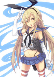 Rule 34 | 10s, 1girl, blonde hair, brown eyes, elbow gloves, fu-ta, gloves, hair ribbon, kantai collection, long hair, looking at viewer, midriff, navel, open mouth, pleated skirt, ribbon, sailor collar, salute, shimakaze (kancolle), skirt, solo, striped clothes, striped thighhighs, thighhighs, white gloves
