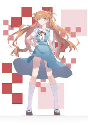 Rule 34 | 1girl, absurdres, artist request, bare legs, blue eyes, breasts, brown hair, floating clothes, full body, highres, long hair, neon genesis evangelion, school uniform, simple background, skirt, solo, souryuu asuka langley, suspender skirt, suspenders, tokyo-3 middle school uniform, tsundere, very long hair, white background