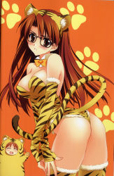 Rule 34 | 2girls, absurdres, animal costume, animal ears, animal print, ass, azumanga daiou, blush, bow, bowtie, breasts, brown eyes, brown hair, carnelian, chibi, chinese new year, chinese zodiac, cleavage, cowboy shot, closed eyes, glasses, highres, kittysuit, large breasts, leotard, long hair, mihama chiyo, mizuhara koyomi, multiple girls, new year, nontraditional playboy bunny, tail, thighhighs, tiger costume, tiger ears, tiger print, tiger tail