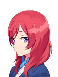Rule 34 | 10s, 1girl, blazer, blue bow, blue bowtie, blue jacket, bow, bowtie, collared shirt, female focus, jacket, long hair, looking at viewer, love live!, love live! school idol project, nishikino maki, purple eyes, red hair, school uniform, shirt, simple background, solo, ssberit, upper body, white background, white shirt