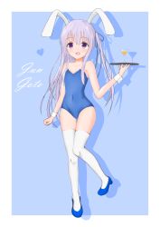 Rule 34 | 10s, 1girl, animal ears, arm up, bad id, bad pixiv id, bare shoulders, blue leotard, character name, covered navel, fake animal ears, full body, gotou jun, holding, leotard, long hair, open mouth, playboy bunny, purple eyes, purple hair, rabbit ears, ribbon, shoes, side ponytail, smile, solo, standing, standing on one leg, strapless, strapless leotard, tenshi no 3p!, thighhighs, tray, white thighhighs